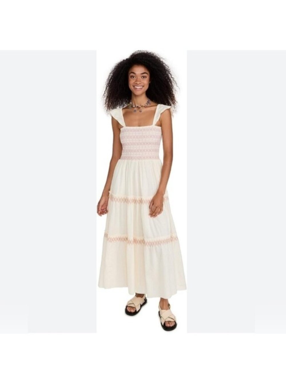 Anthro Sim & Sam Smocked Tiered Maxi Dress White & Pink preppy smocked ruffle M